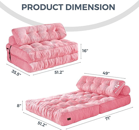 MAXYOYO Folding Sofa Bed, Convertible Chair with Pillow Foldable Couch with Back Support, Portable Fold Out Chair Bed Comfy Floor Sofa Lounge for Living Room Bedroom, Pink Double
