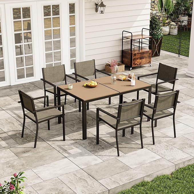 Aoxun 7-Piece Patio Table and Chairs Set for 6, All Weather Outdoor Dining Set with 6 Textilene Chairs and 1 Rectangular Metal Table, Patio Dining Sets for Backyard, Garden and Poolside, Brown