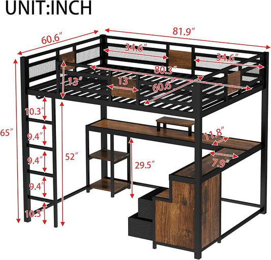 Bellemave Queen Loft Bed with Desk & Storage Fabric Drawers & Shelves, Heavy Duty Metal Frame Loft Bed for Adults & Teens, Space Saving Bed for Apartments & Dorm, No Box Spring Needed, Black