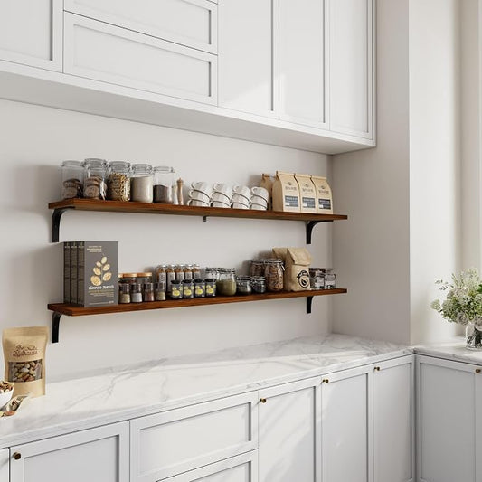 12 Inch Deep Floating Shelves Set of 2, 60 Inch Extra Wide Solid Wood Wall Shelves, 5ft Heavy Duty Wall Mounted Bookshelf with 100 lbs Capacity for Kitchen, Living Room & Bedroom