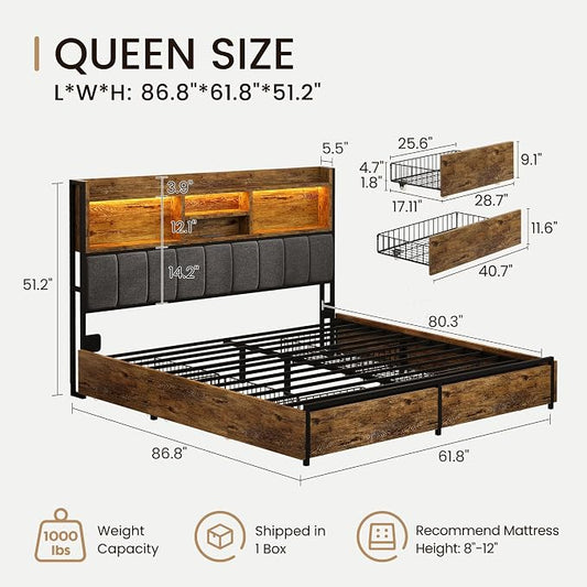 BRELTAM Queen Bed Frame with 6 Storage Drawers, Linen Upholstered Headboard, Built-in USB Charging Station & LED Lighting, Silent Metal Support, No Box Spring Needed, Vintage Brown