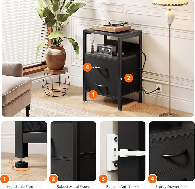 Lazzanto Nightstand Bedside Charger Table for Bedroom - Night Stand with Charging Station, Modern Nightstand with Open Shelf & 2 Fabric Drawers, Bed Side Table with USB-C Port for Dorm, Black