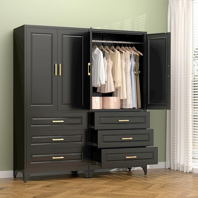 Polup Metal Armoire Wardrobe Closet with Three Drawers, 71“ Tall Large Wardrobe Cabinet with Doors and Hanging Rod, Freestanding Steel Clothes Cabinet for Bedroom, Office, Laundry Room, Black