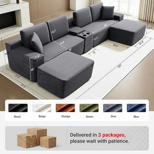 ivoros 150 Inch Modular Sectional Sofa Couch, Oversized Modern Cloud Couch for Living Room, U Shape Couches with 2 Ottomans, USB Ports and Cup Holders, Grey Corduroy Boneless Sofas, Sofa in a Box