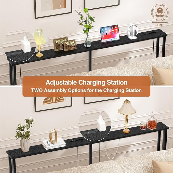 Keelian 102" Narrow Console Sofa Table - 2 Power Outlets & 4 USB Ports, Metal Frame, Black, Perfect for Hallway, Office, and Behind Sofa - Easy Assembly, 4.9' Extension Cord Included