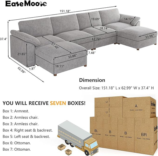 EASE MOOSE Oversized U Shape Sectional Modular Sofa,Wide Deep seat Sectional Sofa, Comfortable Grey Cloud Modular Sofa