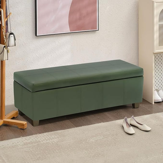 51 Inch Storage Ottoman, Storage Bench with Safety Hinge, Upholstered Synthetic Leather Ottoman Bench for Bedroom, Living Room, Entryway, Hallway, Foot Rest, Support 500lbs