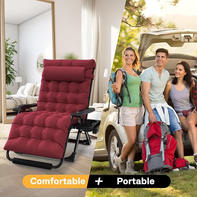 Slendor Oversized Zero Gravity Chairs XXL, 33IN Padded Zero Gravity Lounge Chair, Folding Reclining Patio Chair Lawn Recliner w/Aluminum Alloy Lock, Headrest, Cup Holder, Support 500lbs, Wine Red