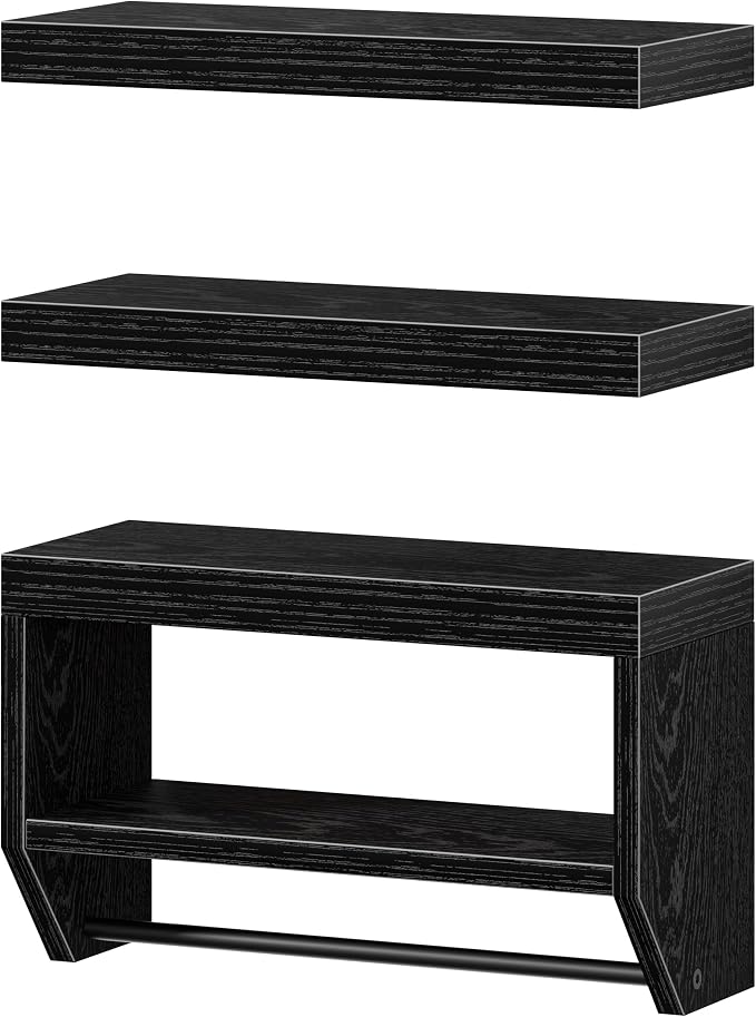 QEEIG Bathroom Floating Shelves for Wall - Shelf Over Toilet Paper Storage Farmhouse 16 inch Set of 3, Black (028-40B3)