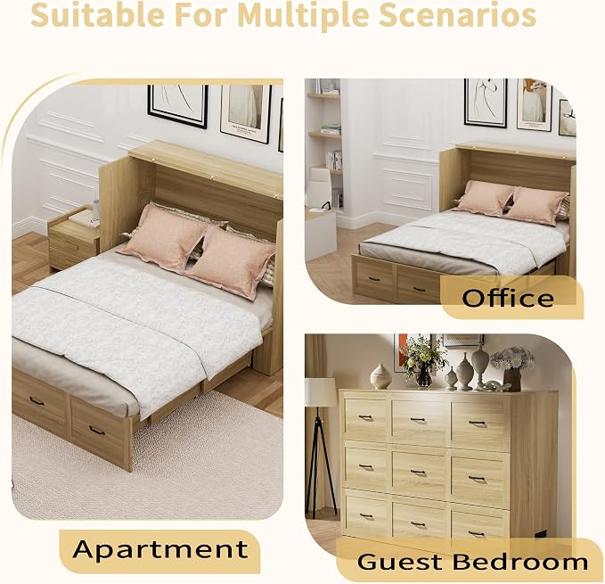 Full Size Murphy Bed with Charging Station and Drawer Farmhouse Cabinet Bed Wood Space-Saving Hidden Folding Platform Bed Chest for Home Office Bedroom Guest Room Apartment,Natural