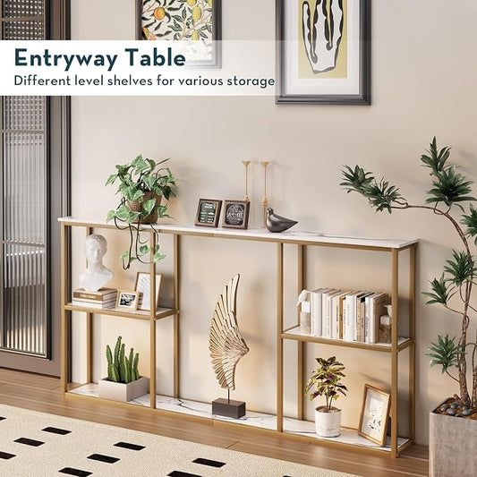WOHOMO Gold Console Table, 3-Tier Small Entryway Table for Hallway, Narrow Sofa Table Behind Couch for Living Room, Entrance (63 inch)