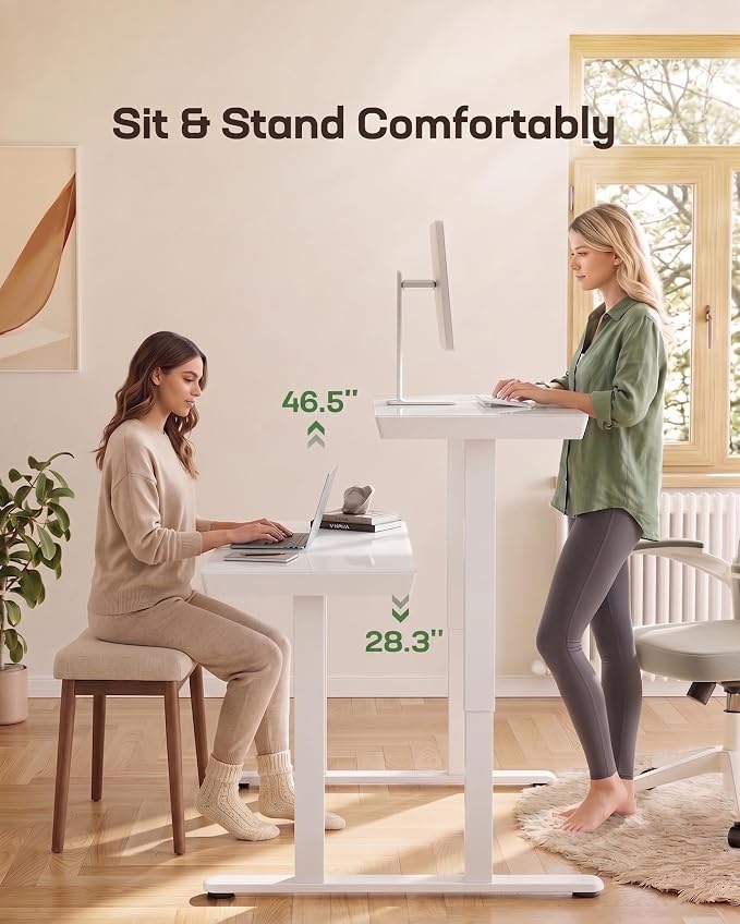 Marsail Glass Standing Desk with Drawer, 47.24 inch Electric Standing Desk, Height Adjustable Desk with One-Piece Tabletop & USB Charging Ports, Sit Stand Desk with Storage for Home & Office White