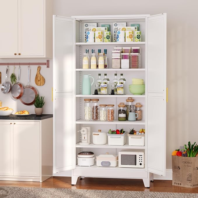 Metal Pantry Cabinet with 2 Doors and 5 Adjustable Shelves, 75"Kitchen Storage cabinets with Gold Handles, Versatile Storage for Laundry Room, Living Room, Bathroom, Dinning Room, Utility Room-White