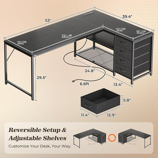 PRAISUN 53" L Shaped Desk with Power Outlets & USB-C Port, Reversible Computer Corner Office Desk with 4 Fabric Drawers and 2 Storage Shelves, Large Desk for Gaming Writing Work Study, Black