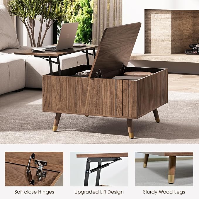 JOINICE 32" Square Lift Top Coffee Table with Storage,Mid Century Modern Walnut Center Table with Rising Desktop for Living Room, Brown Wood Finish