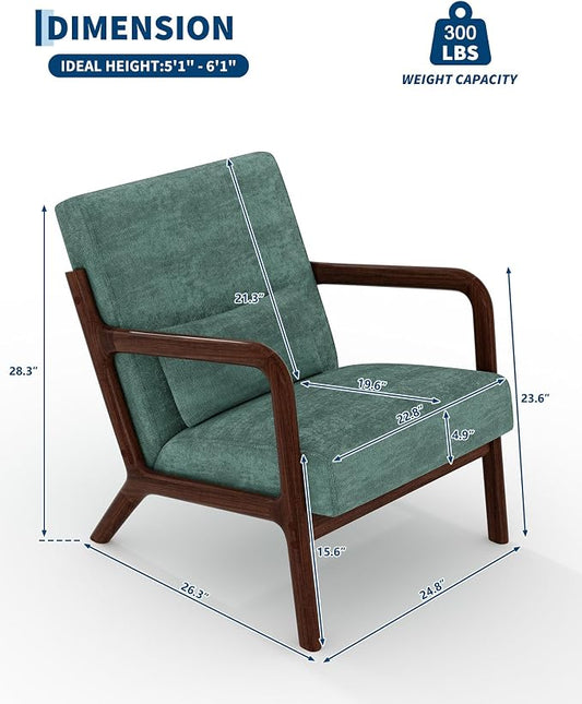Garvee Mid-Century Modern Accent Chair, Chenille Upholstery, Solid Wood Armchair with Removable Lumbar Pillow, Sturdy Reading Chair for Living Room, Bedroom, Guest Room, Easy Assembly, Green