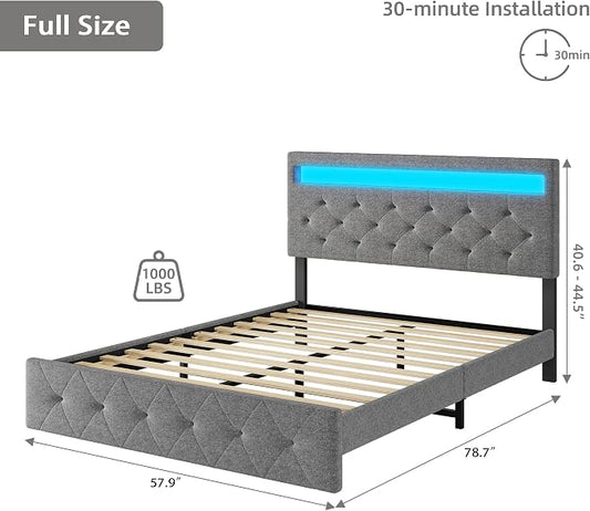IDEALHOUSE Full Size Bed Frame, LED Bed Frame with Fast-Charging USB Port, Upholstered Platform Bed Frame with Adjustable Headboard, Strong Support Slats, Noise Free, Easy Assembly, Gray