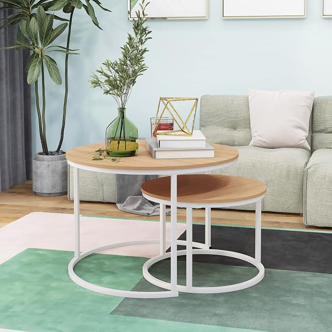 HOJINLINERO Round Coffee Table,Nesting Coffee Table Set of 2,Center Tables for Living Room,Office, Home Small Space,Stacking Side Tables,Sturdy and Easy Assembly,Wood Desktop,White+Teak OAKDK,Large