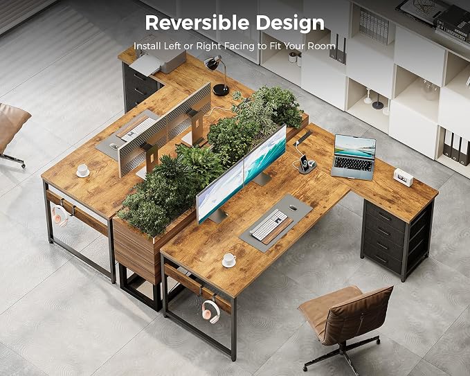 AODK L Shaped Gaming Desk with 4 Drawers, 61" Reversible Home Office Desks with Power Outlets, L Shaped Computer Desk with USB Charging Port and Host Stand, Corner Desk, Easy to Assemble, Vintage