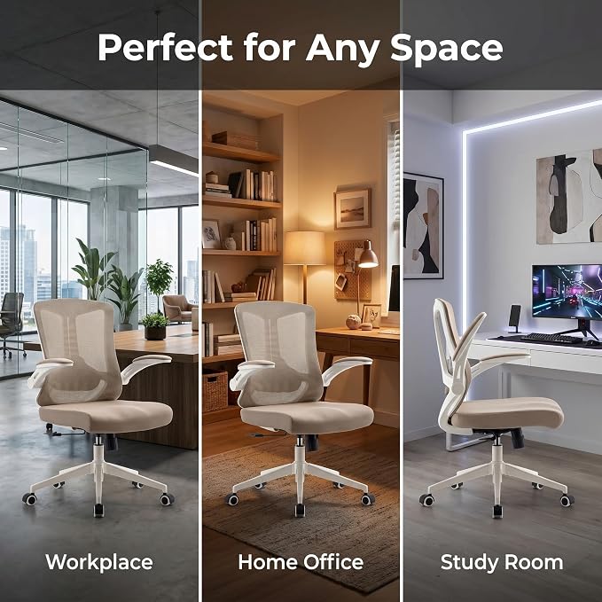 Ergonomic Office Chair with Adjustable Lumbar Support & Flip-Up Armrests - High Back Computer Desk Chair with Thickened Seat Cushion, Rolling Wheels for Home/Office Study Work (08khaki)