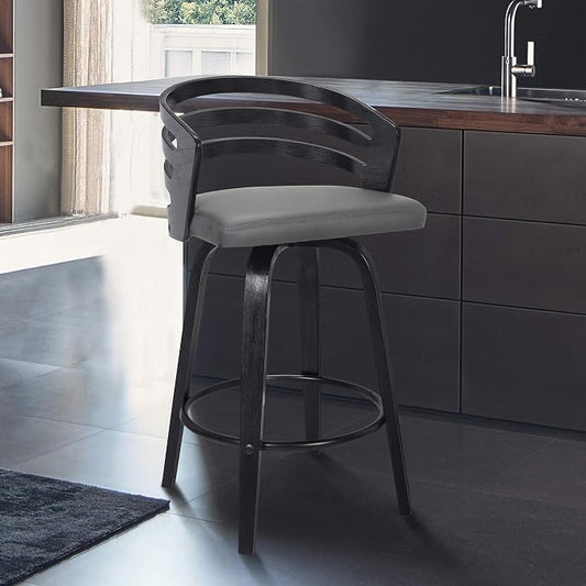 Armen Living Jayden Modern 26" Seat Height Swivel Grey Faux Leather and Black Wood Bar Stool for Kitchen Island Counter