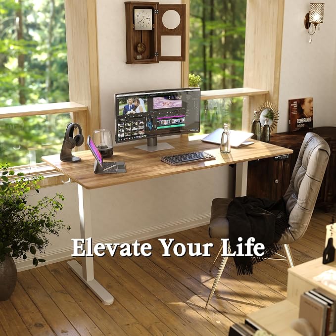 Monomi Electric Standing Desk 55x24 inch, Height Adjustable Sit Stand Desk for Home Office, Computer PC Gaming Desk, Study Writing Workstation with Memory Controller, Two-Piece Desktop,Natural