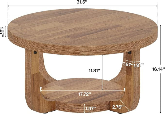 Tribesigns Round Coffee Table, 2-Tier Circle Coffee Table with Storage, Modern Wooden Accent Center Table for Living Room, Thick Tabletop & Base (Rustic Brown)