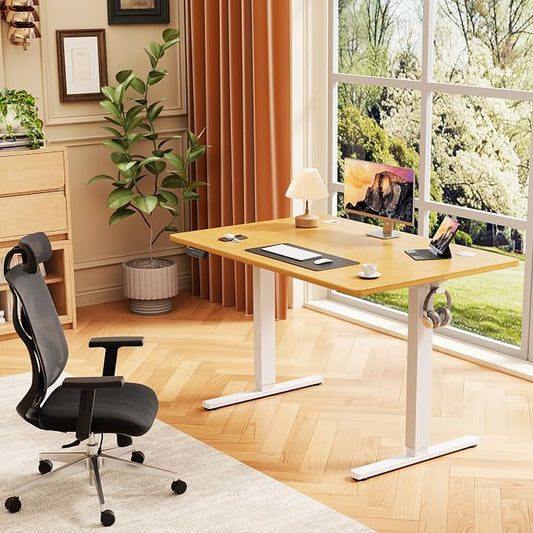 Sweetcrispy Electric Standing Desk Adjustable Height, 40x24 Inch Sit Stand Up Home Office Desks Computer Workstation PC Work Table with 3 Memory Preset Splice Wood Board Metal Frame, Oak
