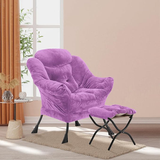 Youtanic Lazy Chair with Folding Ottoman, Accent Chair Plush Upholstered with Metal Structure and Non-Slip Pads, Sofa Armchair with Footrest and Side Storage Bag for Dorm, Room, Office, Purple