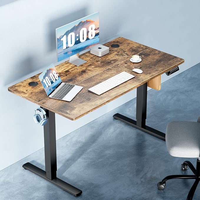 DUMOS 63 Inch Electric Standing Desk Height Adjustable, Sit to Stand Computer Workstations Large Work PC Table Home Office Writing Gaming Desks with Memory Presets for Walking Pad, Bedroom, Rustic