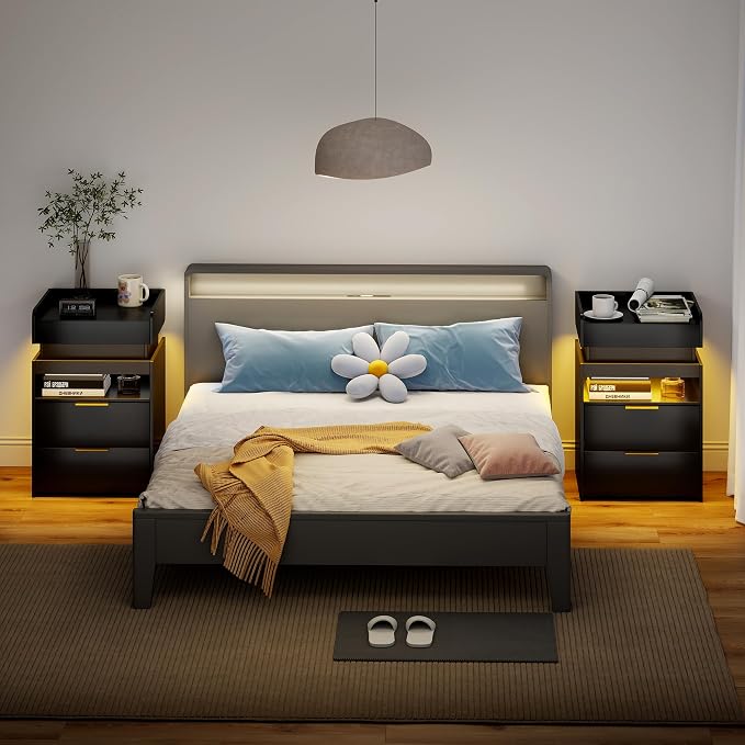Black Nightstand Set of 2 with Charging Station, Hidden Sliding Top Compartment with USB-C, 2 USB Ports & 2 Outlets, Modern Night Stand with Drawers for Bedroom