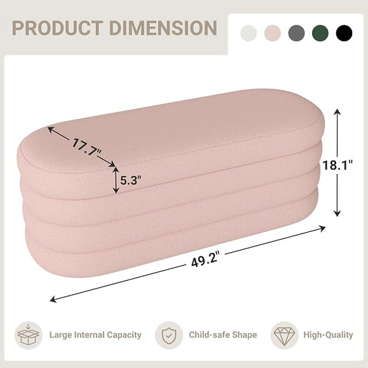 Busaurus Storage Ottoman Bench 49.2 Inch Upholstered Fabric Storage Bench for Bedroom End of Bed Aesthetic Large Oval Ottoman for Living Room Entryway (Pink)