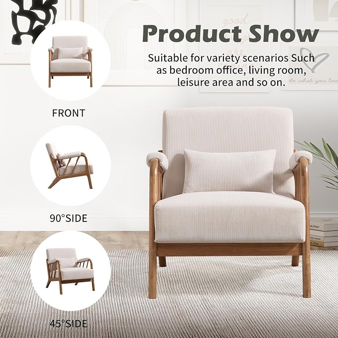 INZOY Accent Chairs Set of 2, Mid Century Modern Accent Chair with Wood Frame, Upholstered Reading Armchair with Corduroy Fabric, Accent Chair for Living Room Bedroom Apartment, Easy Assembly, Beige