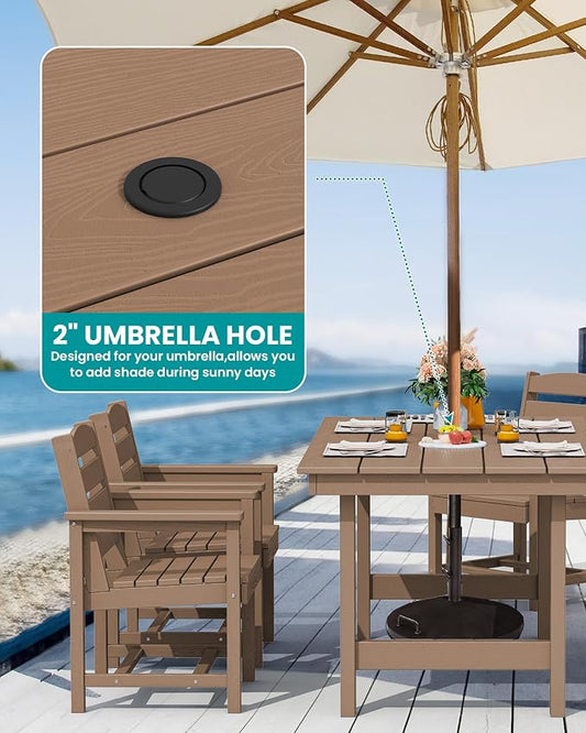 SERWALL Outdoor Dining Set for 6, HDPE Furniture with Umbrella Hole & Bench & Chairs, All Weather, Brown