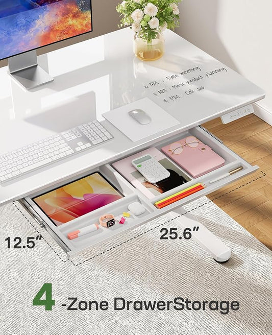 Marsail Glass Standing Desk with Drawer, 55 x 28 Inches Adjustable Desk, Home Office Desks with One-Piece Tempered Glass Top, Ergonomic Home Office Sit Stand Desk with 4 Preset Heights, White