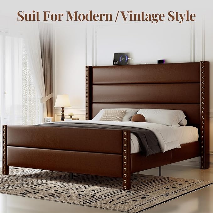 Queen Bed Frame with Storage Shelf & Charging Station, 55" Tall Headboard & 25.6" Footboard, Faux Leather Upholstered Platform Bed with Big Rivets Wingback, Heavy Duty & Noise-Free, Brown