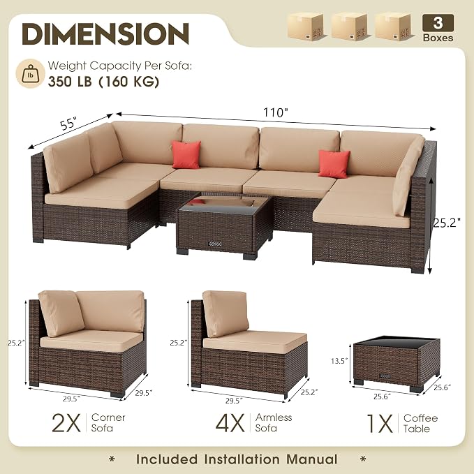 LHBcraft 7 Piece Outdoor Patio Furniture Set, Wicker Hand-Woven Patio Furniture Set Outdoor Patio Sectional Sofa for Backyard Rattan Seating with Beige Cushion