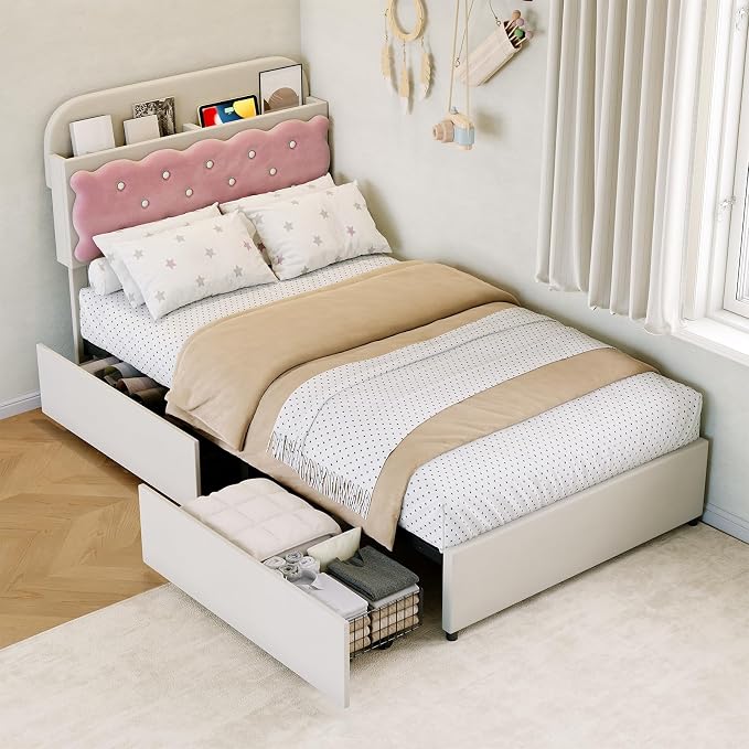Garvee Twin Bed Frame with Cookie Sandwich Headboard, Beige Pink Bed for Girls, Storage with Cubbies Headboard & 2 Drawers, No Box Spring, Easy Assembly