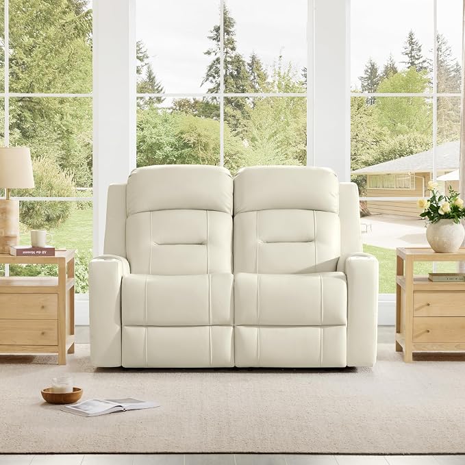 Watson & Whitely Genuine Leather Power Loveseat Recliner Sofa, Lay Flat Loveseat Reclining Sofa with Power Headrest, Cup Holders, USB & Type-C Ports, Dual Recliners for Living Room, Cream