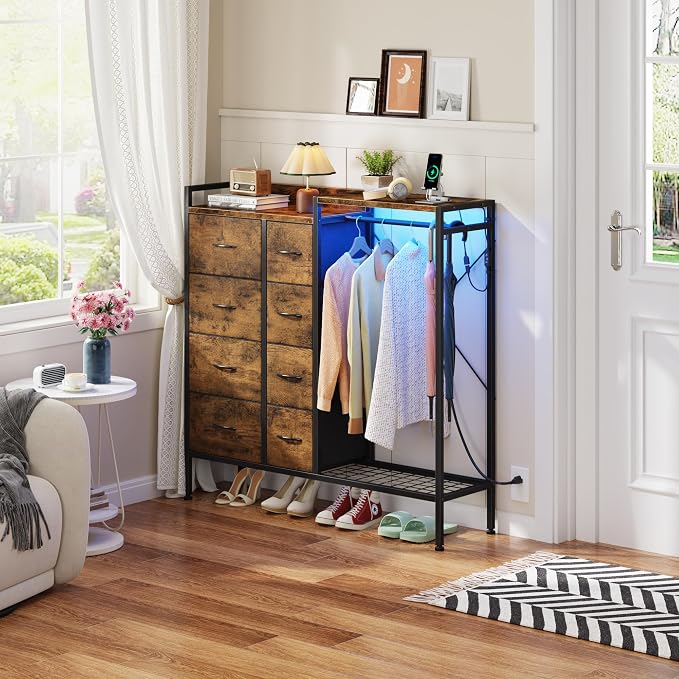 HIGDBFE Dresser with Hanging Rack, 8-Drawer Dresser for Bedroom with Charging Station & LED Lights, Fabric Dressers with Shoe Rack, Rustic Brown, 11.8" D x 42" W x 42.7" H (8 Drawers)