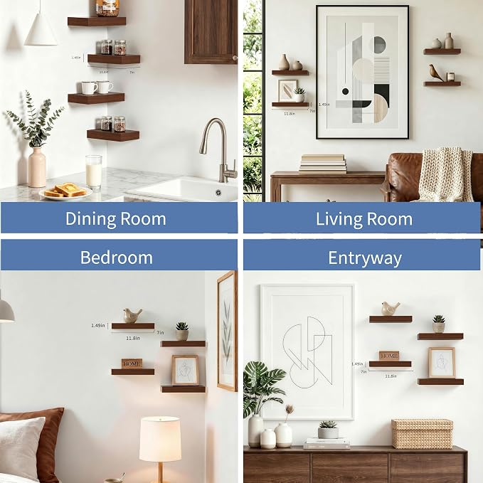 Floating Shelves for Wall, Wall Mounted Rustic Wood Shelves for Bathroom, Bedroom, Living Room & Kitchen, Hanging Shelf for Storage, Books & Room Decor, Walnut-Like, Set of 4, 12"x7"x1.5"