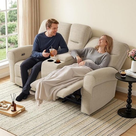 MCombo 78.3" Wall Hugger Power Loveseat Recliner Sofa with Console, Reclining Loveseat with USB Ports, Cup Holders, for Small Spaces Living Room RV, Fabric PR635M2 (Beige)