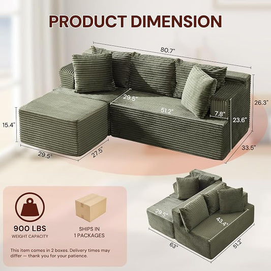 Korser Boneless Couches for Living Room, Cloud Couch Sectional with Ottoman, L-Shaped Sofa with Fluffy Comfy Corduroy Deep Seat, Bedroom, Apartment, No Assembly Required