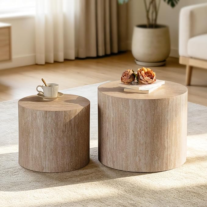 Nesting Round Coffee Table Set of 2, Circle Accent End Table for Small Spaces, Morden Drum Side Table, Wooden Center Table for Living Room, Fully Assembled - Beige