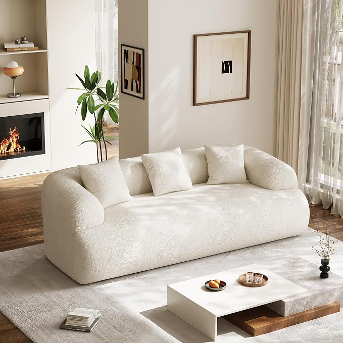 91" Boneless Couch,Cloud Couch,Chenille Curved Sofa with 3 Seater and 3 Pillows, Modern Compression Sofa for Living Room, Bedroom and Apartment, No Assembly Required, Beige White