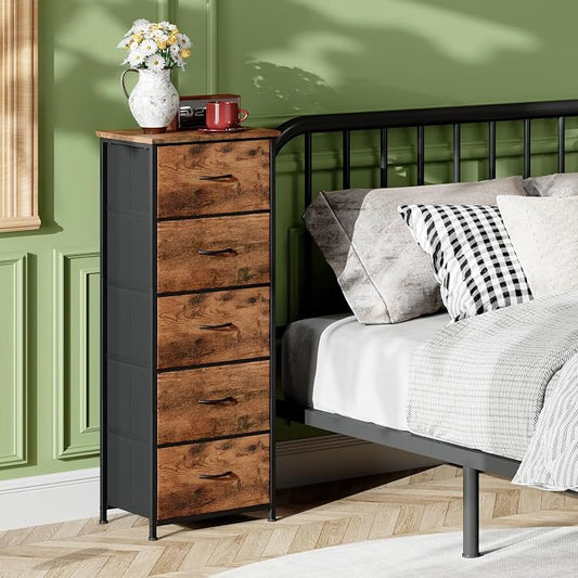 Somdot Tall Dresser for Bedroom with 5 Drawers, Storage Organizer Chest of Drawers with Removable Fabric Bins for Closet Bedside Living Room Laundry Entryway Hallway, Wood Grain Print