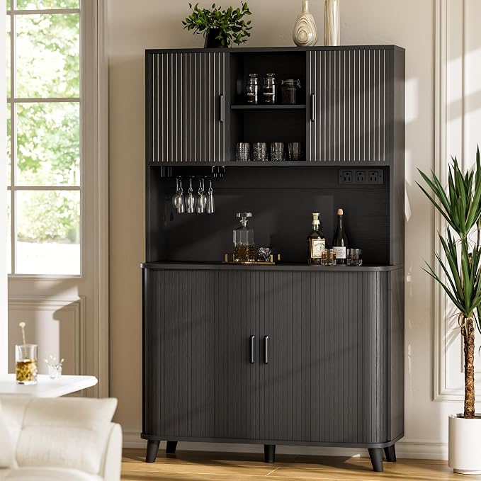 Lulive 71" Tall Pantry Cabinet with Rolling & Sliding Doors, 39" Wide Kitchen Storage Cabinet with Charging Station and Open Countertop, Modern Kitchen Pantry Cabinet for Dining Room, Black
