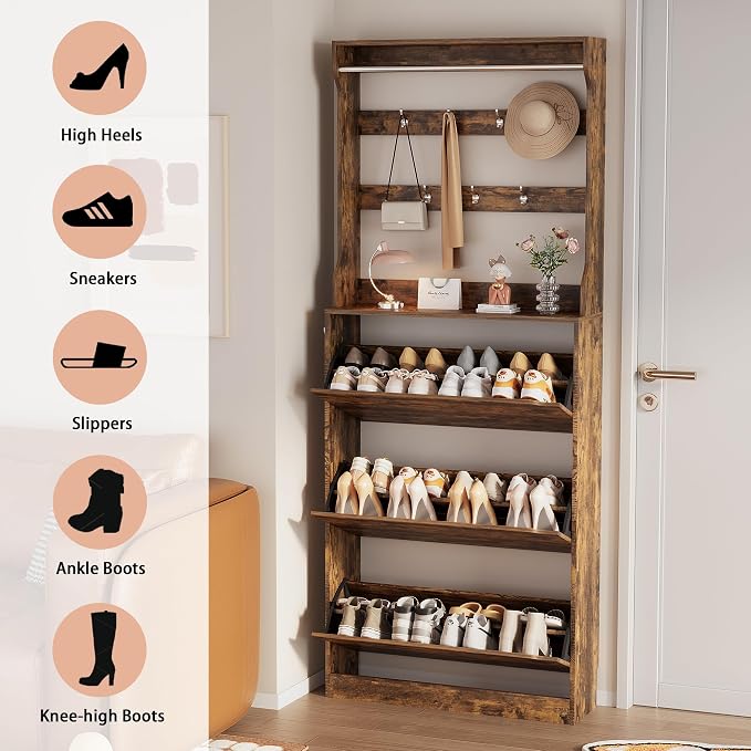 Shoe Storage Cabinet, Wood Shoe Organizer for Entryway with 3 Flip Drawers, Freestanding Shoe Rack with Adjustable Shelf, Narrow Shoe Dresser for Front Door Entrance (Brown, Tall 3 Drawers)