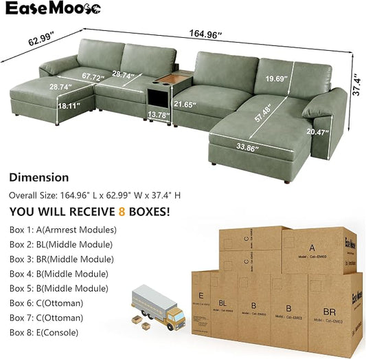 EASE MOOSE Leather Sectional Couch with Console,Oversized Modular Sectional Sofas,Wide Deep Seat Modular Couch,Scratch Resistant Faux Leather Material,U Shaped Sofa for Big Spaces,Green