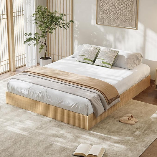 Garvee California King Bed Frame, Wood Platform Bed with Fluted Design, Low Profile BedFrame, Minimalist Bed Base with Noise-Free, Easy Assembly, No Box Spring Needed, Natural